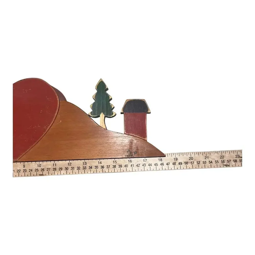 Vintage Hand Crafted Folk Art Wooden Heart Mantel Clock with Village and Tree